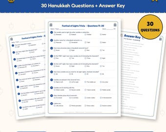 Hanukkah Trivia Game Printable, 30 Questions with Answer Key, Chanukah Family Game, Festival of Lights Quiz for Kids & Adults