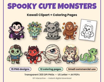 Halloween Clipart, Spooky Cute Monsters + Coloring Pages, Kawaii Monster PNG Bundle, Monster Birthday, Transparent PNG, Small Commercial Use