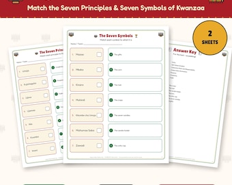 Kwanzaa Seven Principles Matching Game Printable, Nguzo Saba & Kwanzaa Symbols Activity, Family and Classroom Worksheet with Answer Key
