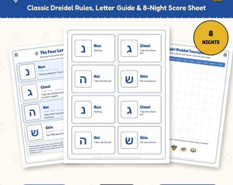 Dreidel Game Rules Printable, Hanukkah Dreidel Letter Guide & 8 Night Score Sheet, Family Chanukah Game, Kids Classroom PDF