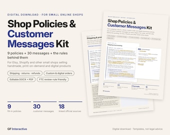 Shop Policy Templates + 30 Customer Service Messages, Return Refund Shipping Policy, Seller Saved Replies, Rules Explained, DOCX PDF