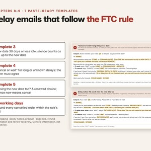 Może przedstawiać: Dokument cyfrowy zatytułowany Chapters 8-9 7 Paste-Ready Templates Delay emails that follow the FTC rule. Zawiera szablony 3, 4 i 5 oraz politykę zwrot&oacute;w w ciągu 7 dni roboczych. Po prawej stronie widoczne są dwa szablony wiadomości e-mail.