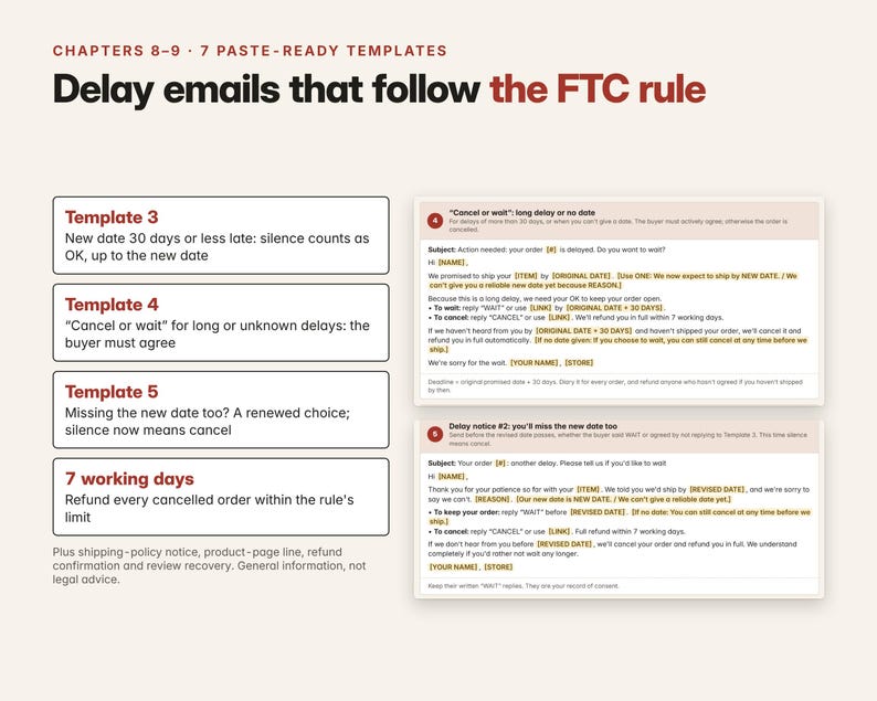 Może przedstawiać: Dokument cyfrowy zatytułowany Chapters 8-9 7 Paste-Ready Templates Delay emails that follow the FTC rule. Zawiera szablony 3, 4 i 5 oraz politykę zwrot&oacute;w w ciągu 7 dni roboczych. Po prawej stronie widoczne są dwa szablony wiadomości e-mail.