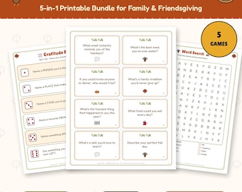 Thanksgiving Games Bundle Printable, 5 Family & Friendsgiving Games, Gratitude Game, Conversation Cards, Trivia, Kids Activities
