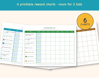 Tablas imprimibles de pegatinas para rutinas infantiles, 6 tablas de recompensas para 2 niños, tabla de tareas para ir al baño, a la cama, en la cocina, en el coche y para el cuidado de las mascotas, PDF