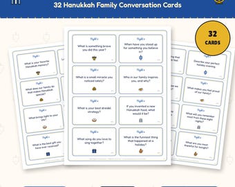 Może przedstawiać: Zestaw 32 kart do rozmów rodzinnych na Chanukę pod tytułem Eight Nights of Conversation. Arkusze PDF do druku zawierają pojedyncze karty z pytaniami na każdą noc, opatrzone małymi ikonami, takimi jak menora, drejdel i prezenty.