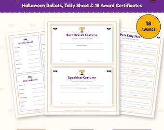 Utskrivbart Halloween-kostymtävlingskit, kostymutmärkelsecertifikat, röstsedlar och sammanställningslista, kontorsfest, pris för bästa kostym
