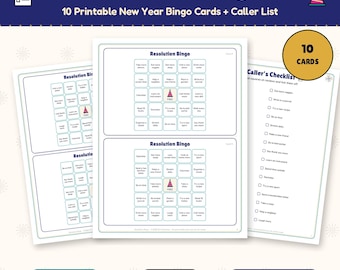 New Year's Resolution Bingo Printable, 10 Unique Bingo Cards, New Years Eve Party Game, Family & Office Goal Bingo, Reusable PDF