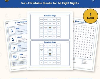 Hanukkah Games Bundle Printable, 5 Family Chanukah Games, Dreidel Rules, Trivia, Bingo, Kids Activities, Conversation Cards