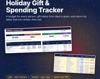 Christmas Gift Tracker Spreadsheet, Holiday Gift List and Budget per Person, Return-By Dates, Google Sheets Excel Template, Light + Dark
