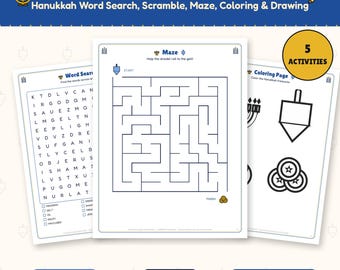 Hanukkah Kids Activity Pack Printable, Word Search, Maze, Coloring Page, Word Scramble, Draw a Menorah, Chanukah Ages 5-10 PDF