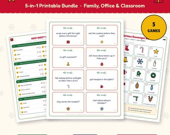 Christmas Party Games Bundle Printable, 5 Holiday Games for Family, Office & Classroom, Gift Exchange, Scavenger Hunt, Picture Puzzles