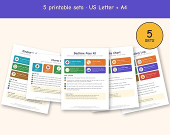 Paket med utskrivbara material för barn, nedräkning till vänlighet, diagram över sysslor efter ålder, läggdagspass, diagram över kräsna ätare, läslogg för barn, brev och A4 PDF