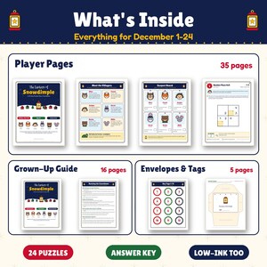 Op de afbeelding: Een printbare activiteitenset getiteld The Lantern of Snowdimple, met 35 spelerspagina's, een gids voor volwassenen van 16 pagina's en 5 pagina's met enveloppen en labels. Bevat 24 puzzels, een antwoordsleutel en een inktbesparende optie.