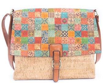 Natural Cork Crossbody Bag with Mosaic and Floral Prints and Adjustable Straps / Cork Crossbody / Cork Bag Made With Cork Fabric | Women bag
