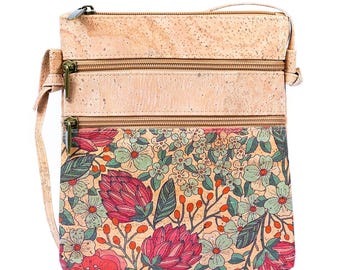 Cork Double Zip Printed Crossbody Bag/ Natural cork / Crossbody Bag/ Vegan Bag