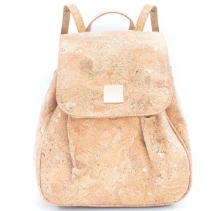 Mochila para mujer con bolsillo con cierre de cordón dorado/bolso de corcho elaborado con tela de corcho