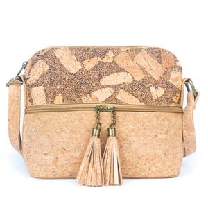 Bolso bandolera de corcho natural para mujer con bolsillo con cremallera y borlas/Bolso bandolera de corcho/Bolso bandolera de corcho hecho con tela de corcho/Bolso bandolera de piel vegana - Bolso de mujer