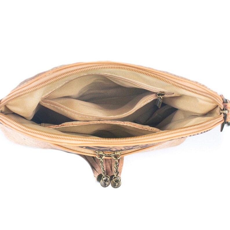 May include: Open view of a tan crossbody bag with multiple interior compartments. The bag has a zipper closure and decorative metal charms. The interior lining is a lighter tan color.