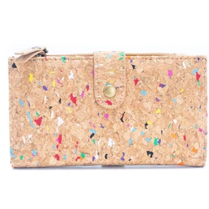 May include: A cork wallet with a colorful confetti pattern. The wallet has a zipper closure and a snap closure.