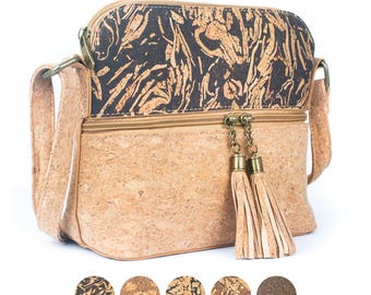 Tassel Zip Pocket Women's Natural Cork Crossbody Bag/ Cork Crossbody / Cork Bag Made With Cork Fabric | Vegan Leather Crossbody - Women bag