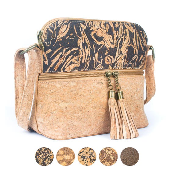 Tassel Zip Pocket Women's Natural Cork Crossbody Bag/ Cork Crossbody / Cork Bag Made With Cork Fabric | Vegan Leather Crossbody - Women bag