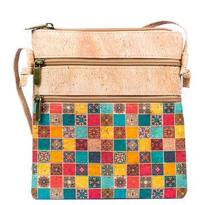 Bolso bandolera de corcho con doble cremallera estampada / Corcho natural / Bolso bandolera / Bolso vegano