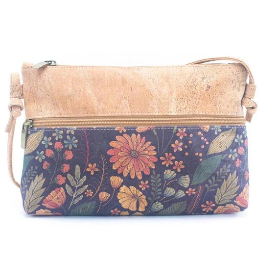 Natural Cork and Printed Design Women's Crossbody Bag/ Cork Crossbody / Cork Bag Made With Cork Fabric | Vegan Leather Crossbody - Women bag