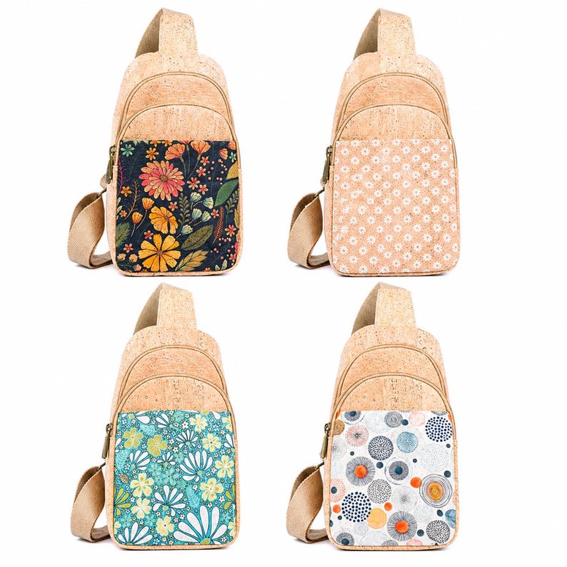 May include: Four sling backpacks made of light brown cork material. Each bag features a single shoulder strap and a front pocket with a distinct pattern: one with dark floral, one with white daisies, one with teal floral, and one with colorful circles.