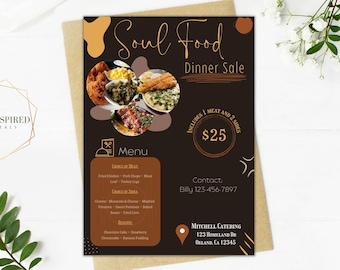 Può includere: Un volantino che pubblicizza una vendita di cene di cucina soul a 20 €. Il volantino presenta una foto di un pasto di cucina soul con pollo fritto, cavolo riccio, maccheroni al formaggio e pesce fritto. Il volantino include il testo "Soul Food Dinner Sale", "Includes 1 Meat and 2 Sides", "20 €", "Menu", "Choice of Meat", "Choice of Sides", "Desserts", "Contact" e "Mitchell Catering".
