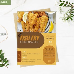 Fish Fry Flyer Bearbeitbar. 5x7 DIY Canva Template zum Ausdrucken. Benefiz-Werbung