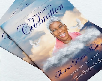 Beautiful Sky with Clouds Funeral Program, Tabloid Template, Obituary, Magazine Style  In Loving Memory Program. Size 8.5x11 inches.