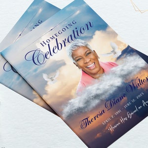 Beautiful Sky with Clouds Funeral Program, Tabloid Template, Obituary, Magazine Style  In Loving Memory Program. Size 8.5x11 inches.