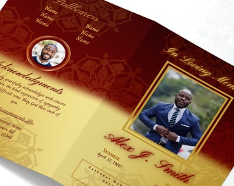 Red and Gold Tabloid Funeral Program. Canva Template. 8 Pages Magazine Style Celebration of Life Booklet