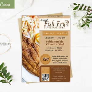 Fish Fry Fundraiser Werbeflyer. Bearbeitbare 5x7 Canva Vorlage