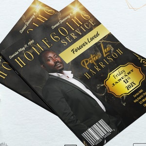 Black & Gold Funeral Program Template: Obituary, Magazine Style (17x11 inches)