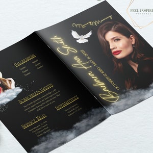Elegant Black Funeral Program Template: Clouds Design (11x17 inches, 8 Pages, Canva)