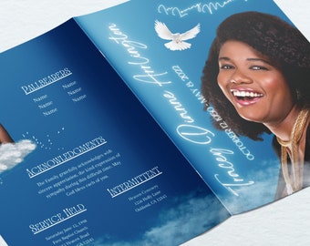 Elegant Blue Funeral Program with Clouds, Tabloid Template, Obituary, Magazine Style  In Loving Memory Program. Size 8.5x11 inches. 8 pages