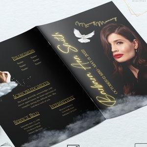 Elegant Black Funeral Program Template: Clouds, Obituary (8.5x11 inches) (Digital Download)