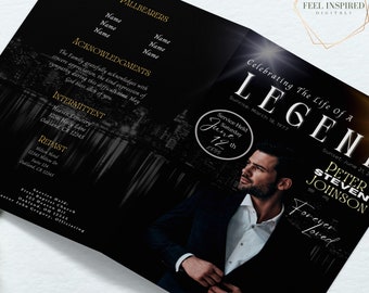 8 Page Legend Magazine Style Funeral/Memorial Program. Canva Template. Size 17x11 inches