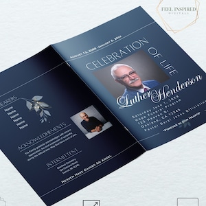 Plantilla de programa funerario moderno azul: 8 páginas estilo revista (43 x 28 cm)