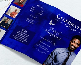 4 Page Royal Blue Funeral Program With Red Roses with Gold. Size 8.5x11 Inches. Magazine Style. Celebration of Life