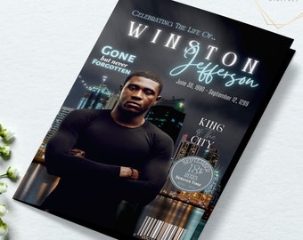8 Page Elegant Magazine Style Funeral/Memorial Program. Canva Template. Size 17x11 inches