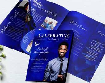 Royal Blue Funeral Program, Tabloid Template, Obituary, Magazine Style  In Loving Memory Program. Size 8.5x11 inches. 8 pages