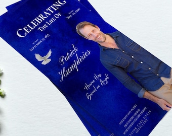 Royal Blue Tri-Fold Funeral Program with Blue Roses. Size 11x17 inches. Celebration of Life Obituary