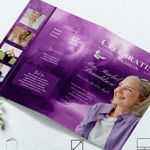 8 Page Purple Funeral Program. Canva Template Size 8.5x11. Celebration of Life