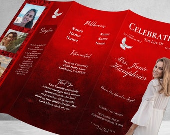 Tri-Fold Red Funeral Program with Red Roses. Tabloid Size 17x11 inches. Celebration of Life Obituary