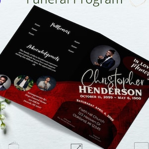 8 Page Red and Black Elegant Funeral/Memorial Program. Canva Template