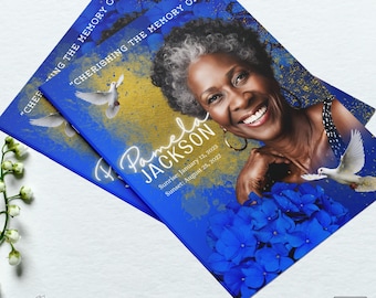 Blue & Gold Funeral Program Template: Celebration of Life (Digital Download)