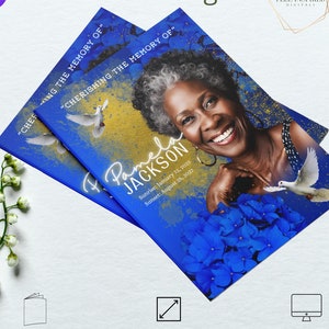 8 PAGE BOOKLET, Memorial Program. 17&quot;x11&quot; Blue and Gold Funeral Canva Template | Digital Download | Celebration of Life Keepsake | Magazine